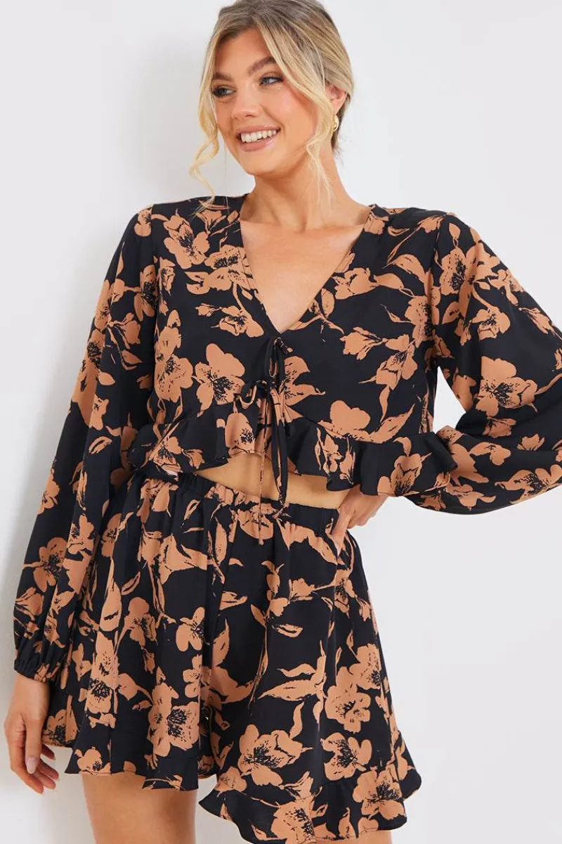 Abstract Floral Frill Co-Ord Shorts|In the Style New