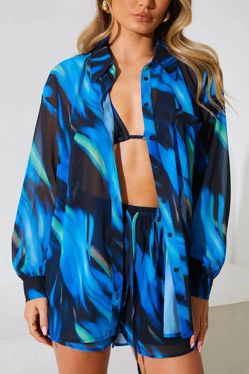 Abstract Print Chiffon Co-Ord Beach Shirt|In the Style Online