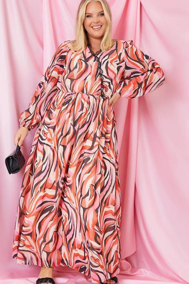 Abstract Print V Wrap Lace Trim Maxi Dress|In the Style
