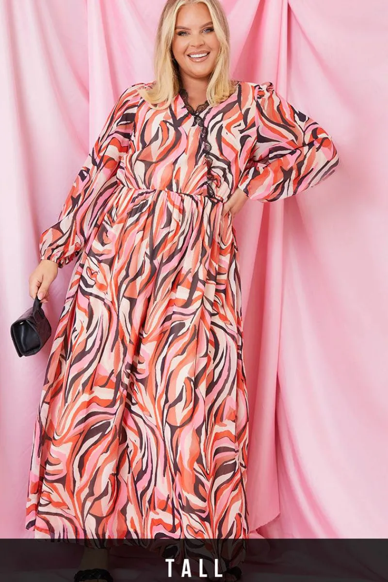 Abstract Print V Wrap Lace Trim Maxi Dress|In the Style