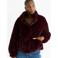 Angora Red Funnel Neck Button Up Faux Fur Jacket|Gini London New