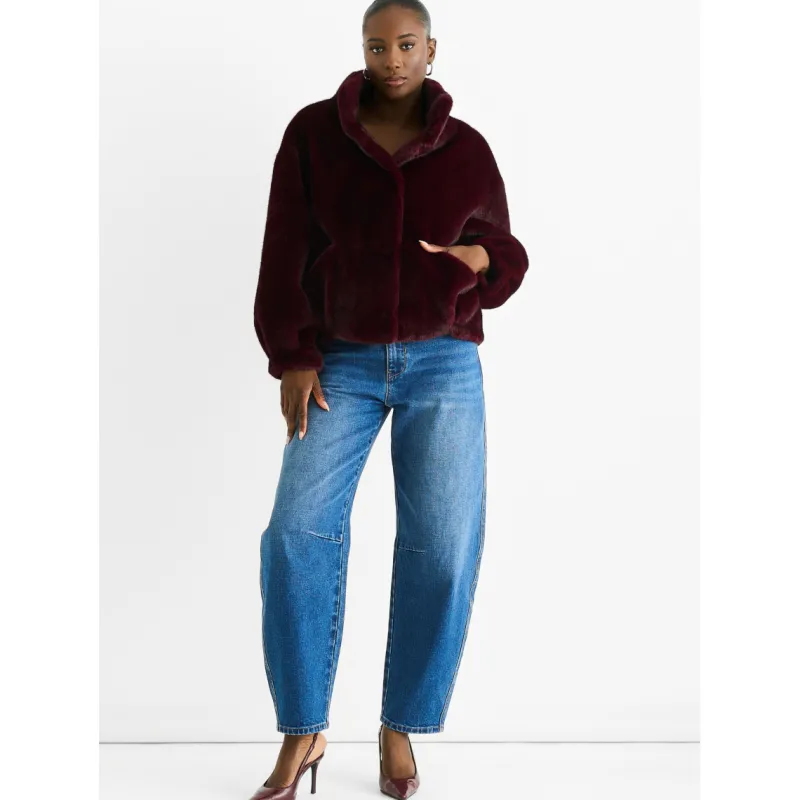 Angora Red Funnel Neck Button Up Faux Fur Jacket|Gini London New
