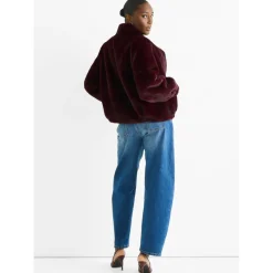 Angora Red Funnel Neck Button Up Faux Fur Jacket|Gini London New