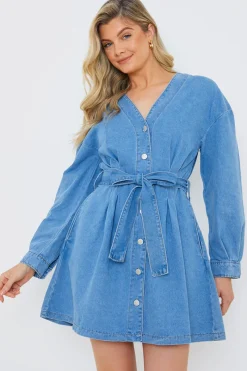 Belted Denim Shirt Dress|In the Style Clearance
