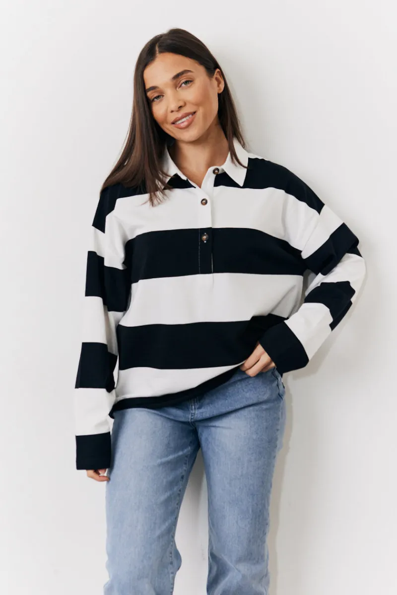 Black & White 90's Stripe Long Sleeve Rugby Shirt|In The Style Clearance
