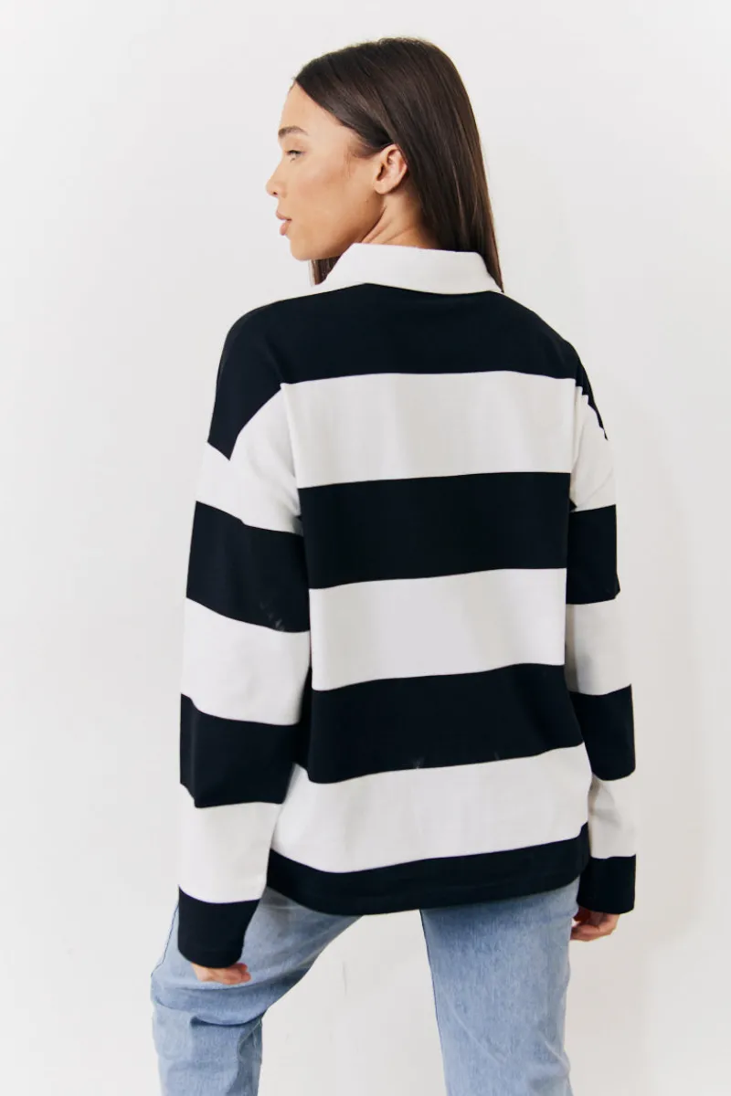Black & White 90's Stripe Long Sleeve Rugby Shirt|In The Style Clearance