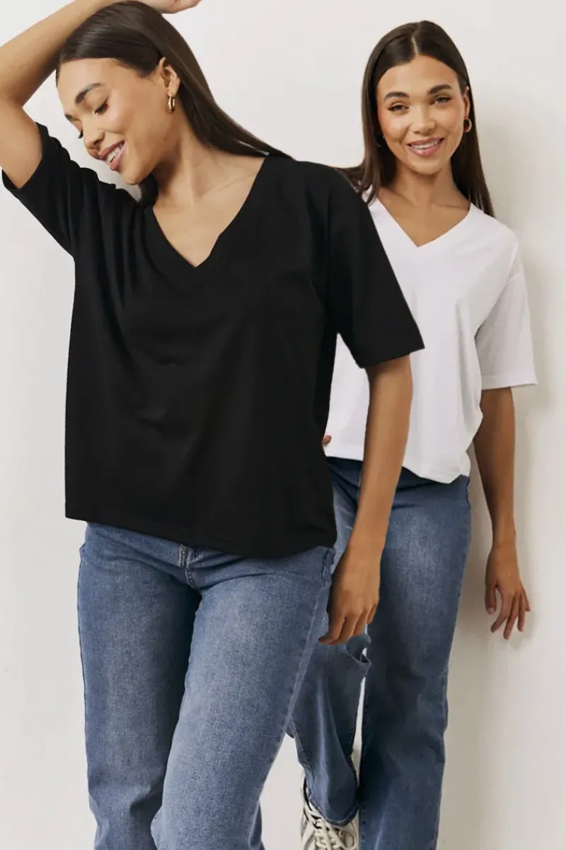 Black and White 2 Pack Slouchy V-Neck T-Shirt|In The Style Online