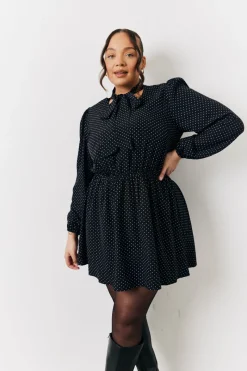 and White Polka Dot Mini Dress with Tie Neck|In The Style Outlet