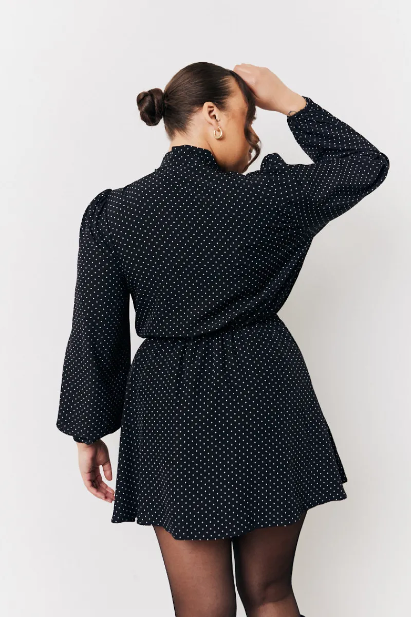 and White Polka Dot Mini Dress with Tie Neck|In The Style Outlet