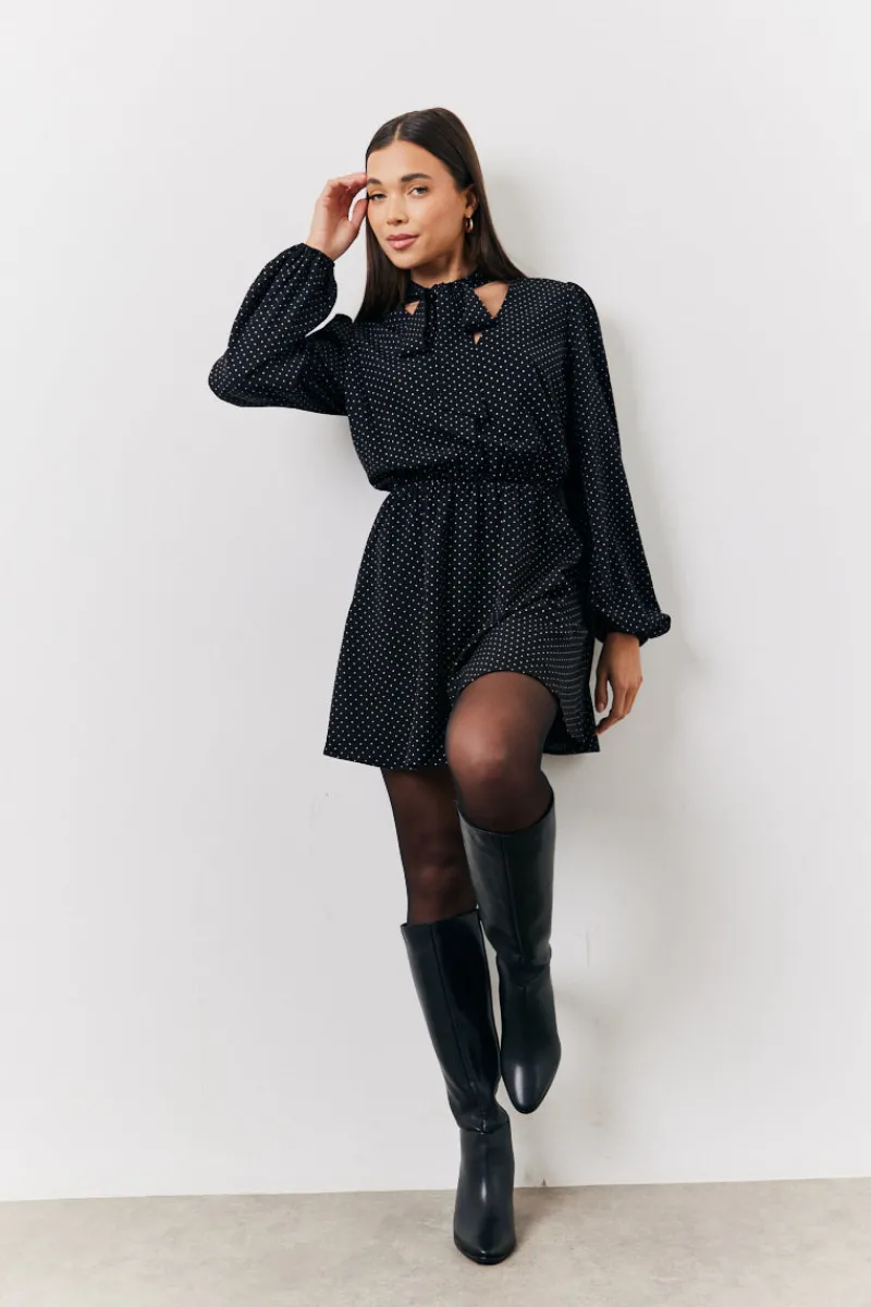 and White Polka Dot Mini Dress with Tie Neck|In The Style Outlet