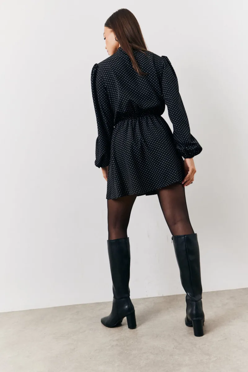 and White Polka Dot Mini Dress with Tie Neck|In The Style Outlet