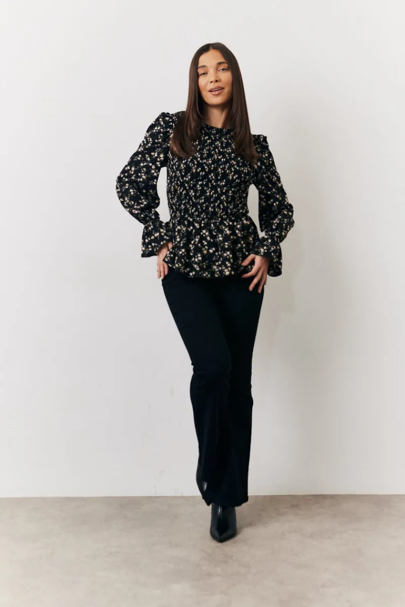 Black Floral Shirred Bust Blouse|In the Style Online