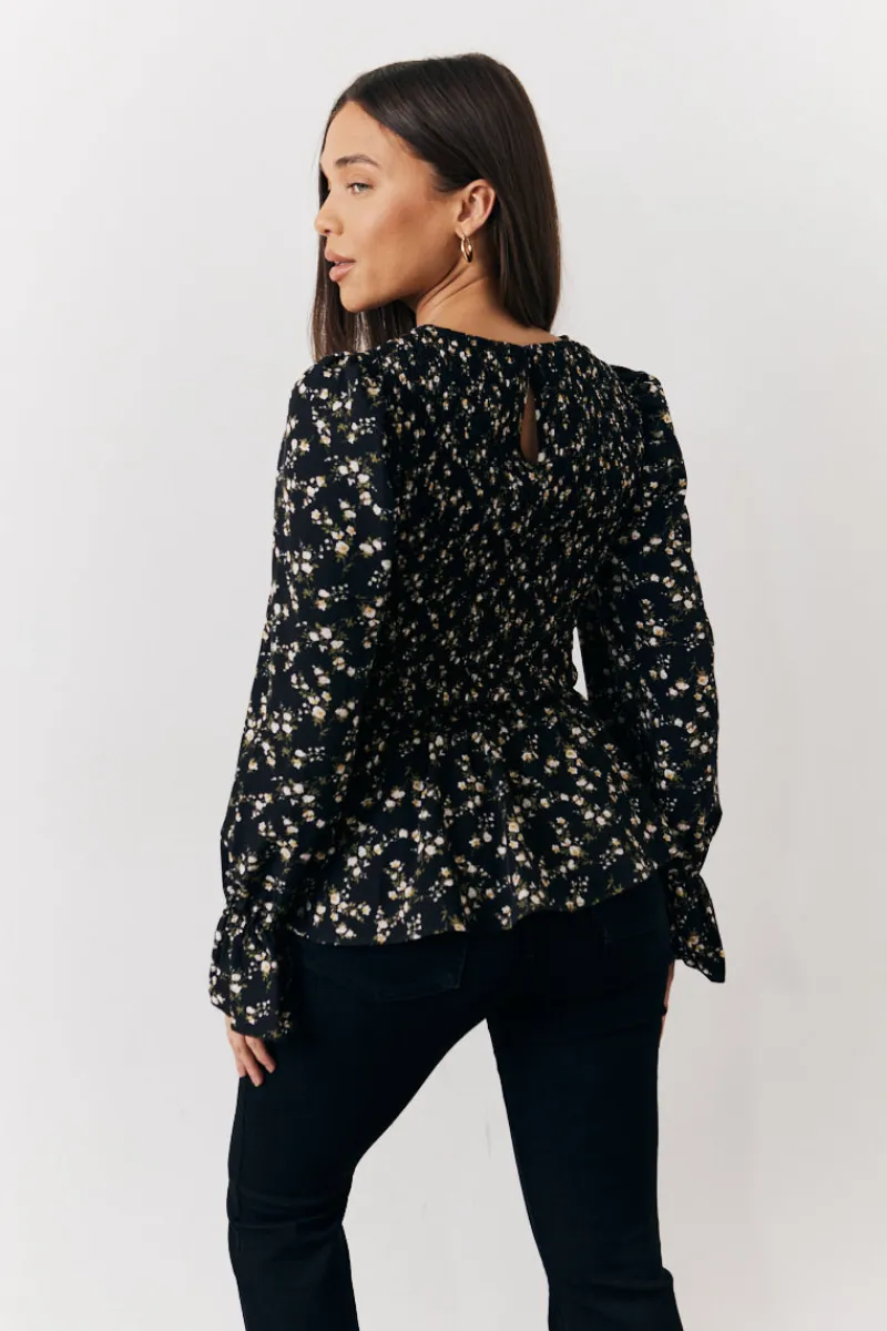 Black Floral Shirred Bust Blouse|In the Style Online