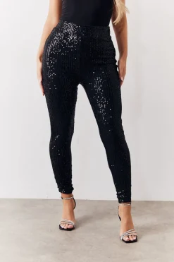 Black Premium Sequin Leggings|In the Style Hot