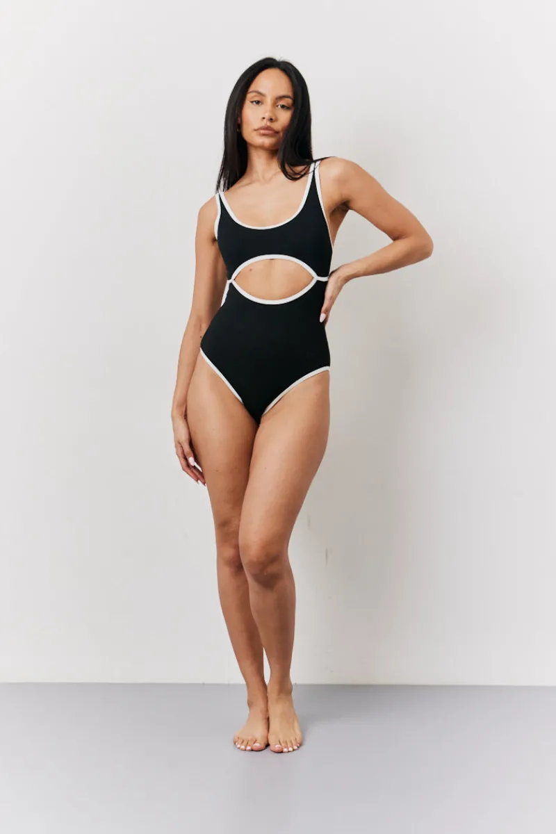 Ribbed Contrast Binding Cut Out Swimsuit|Fits Hot