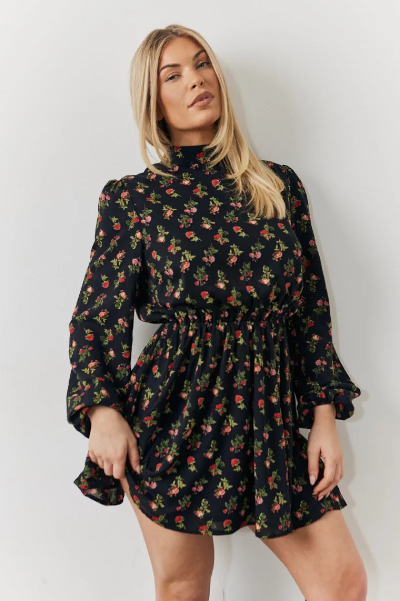 Rose Print High Neck Mini Dress|In the Style Discount