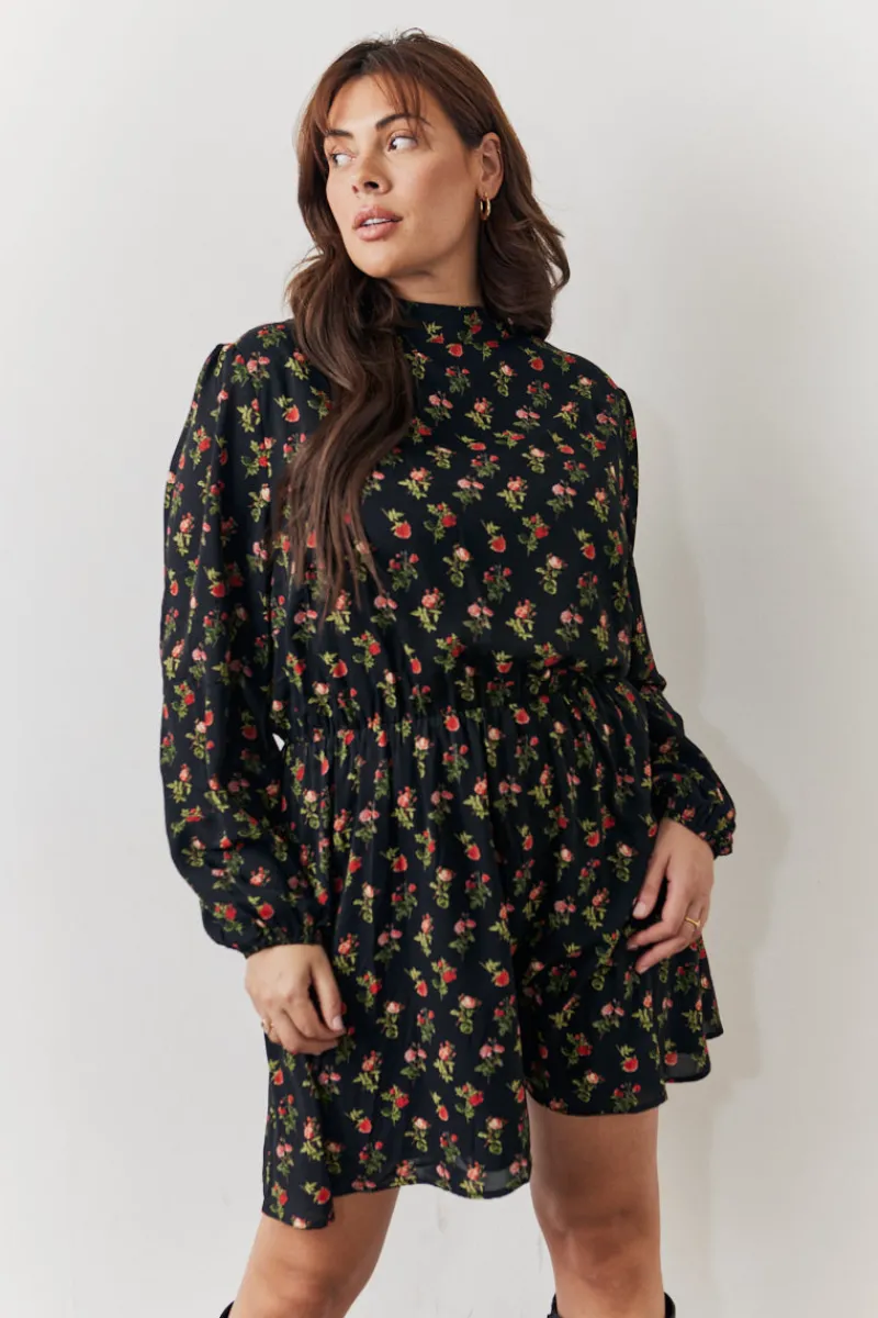 Rose Print High Neck Mini Dress|In the Style Discount
