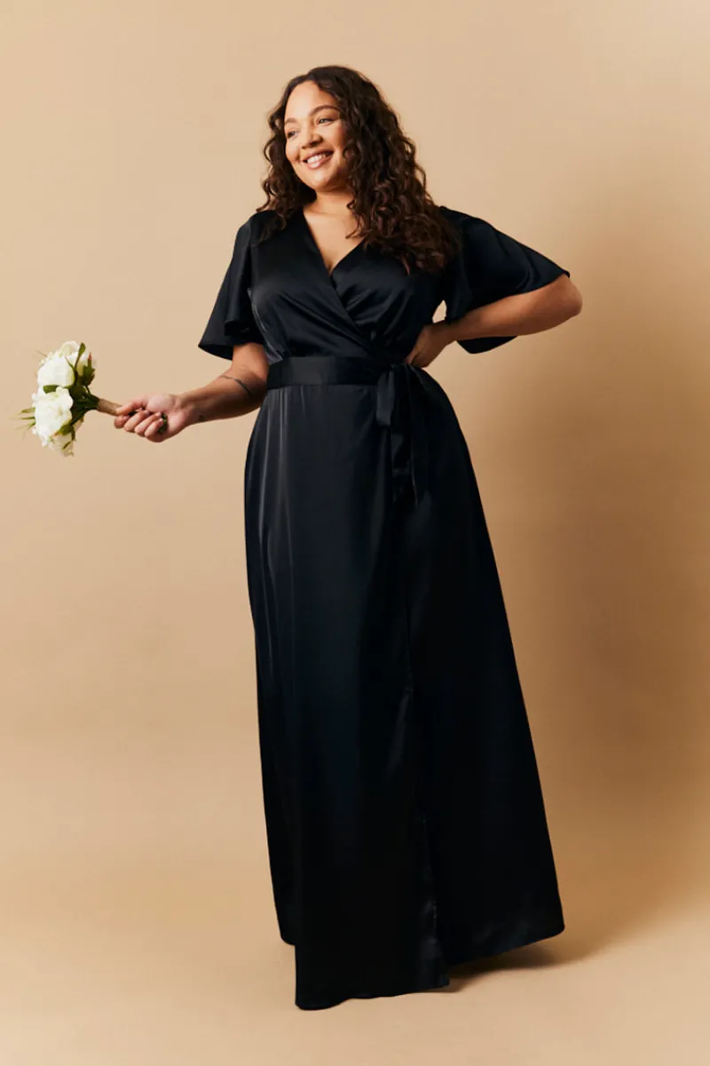 Satin Wrap Tie Angel Sleeve Maxi Dress|In The Style Online