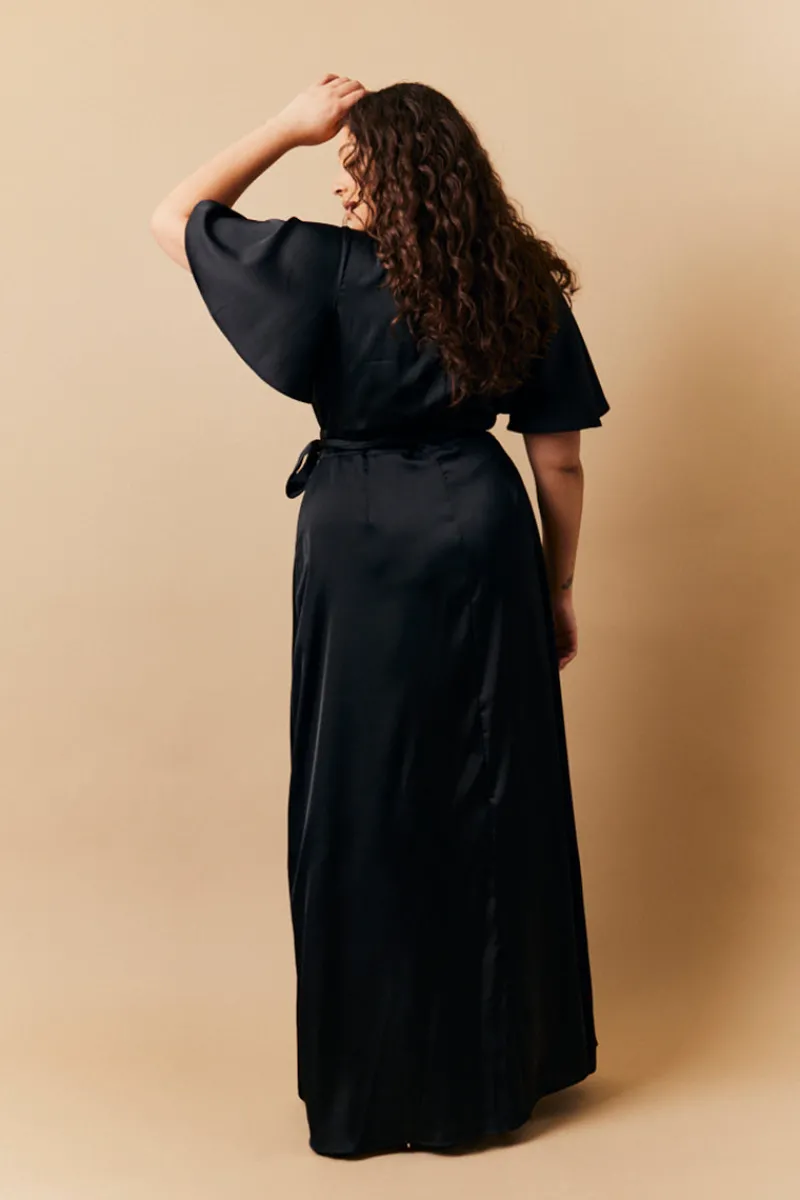 Satin Wrap Tie Angel Sleeve Maxi Dress|In The Style Online