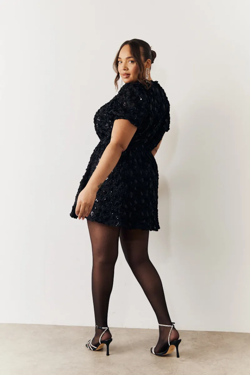 Sequin Floral Applique Fit and Flare Mini Dress|In the Style Outlet