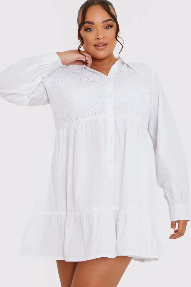 Broderie Tiered Shirt Dress|In the Style Hot