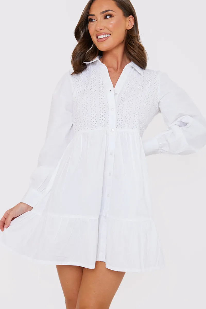 Broderie Tiered Shirt Dress|In the Style Hot