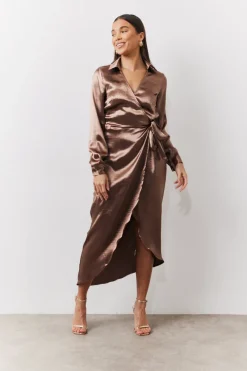 Bronze Liquid Satin Wrap Midaxi Dress|In the Style Clearance