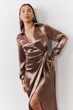 Bronze Liquid Satin Wrap Midaxi Dress|In the Style Clearance