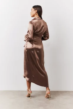 Bronze Liquid Satin Wrap Midaxi Dress|In the Style Clearance