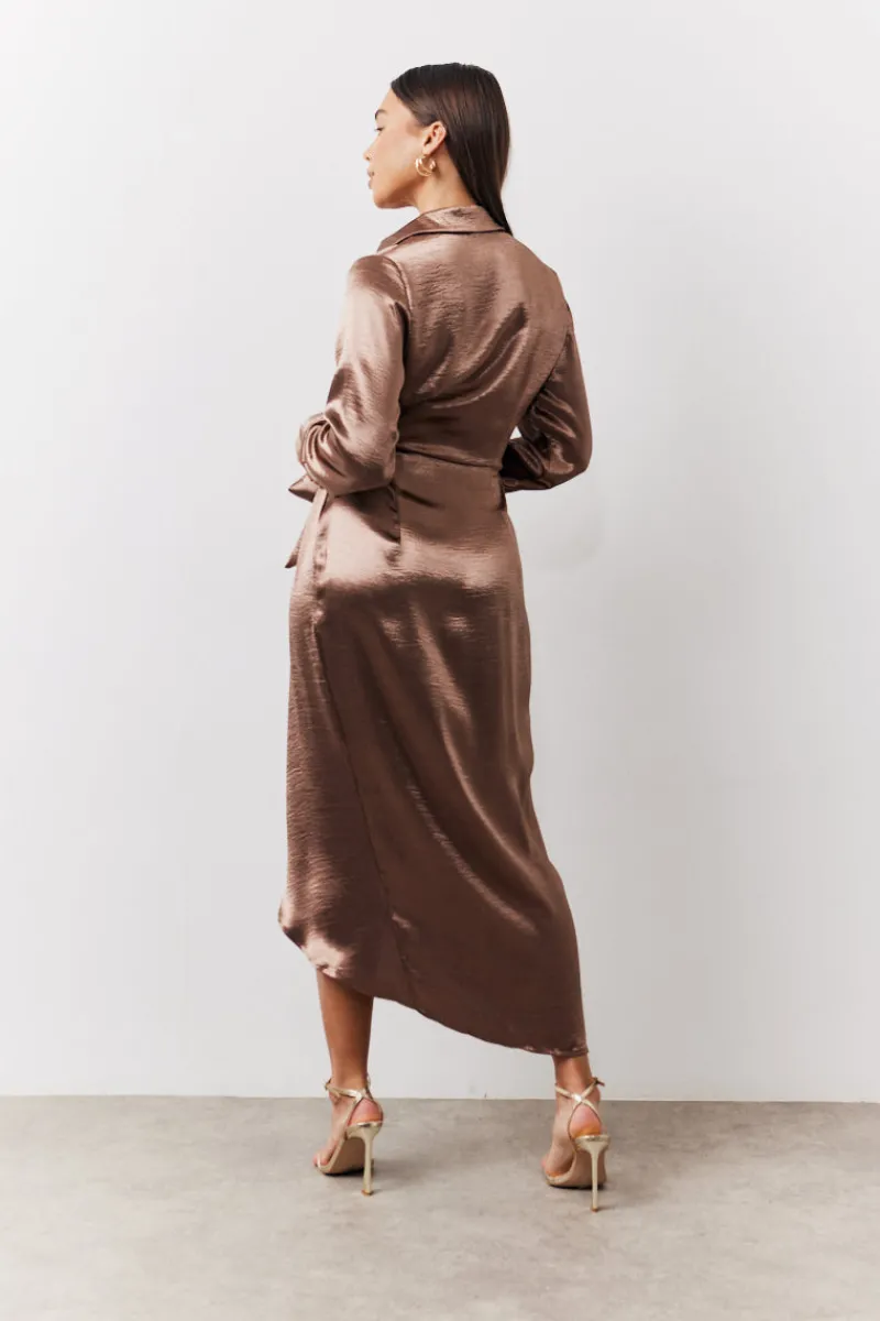Bronze Liquid Satin Wrap Midaxi Dress|In the Style Clearance