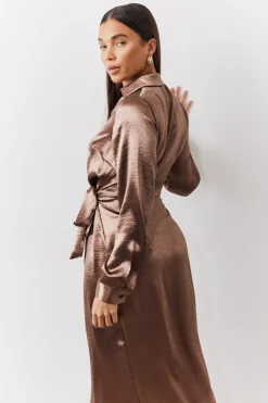 Bronze Liquid Satin Wrap Midaxi Dress|In the Style Clearance