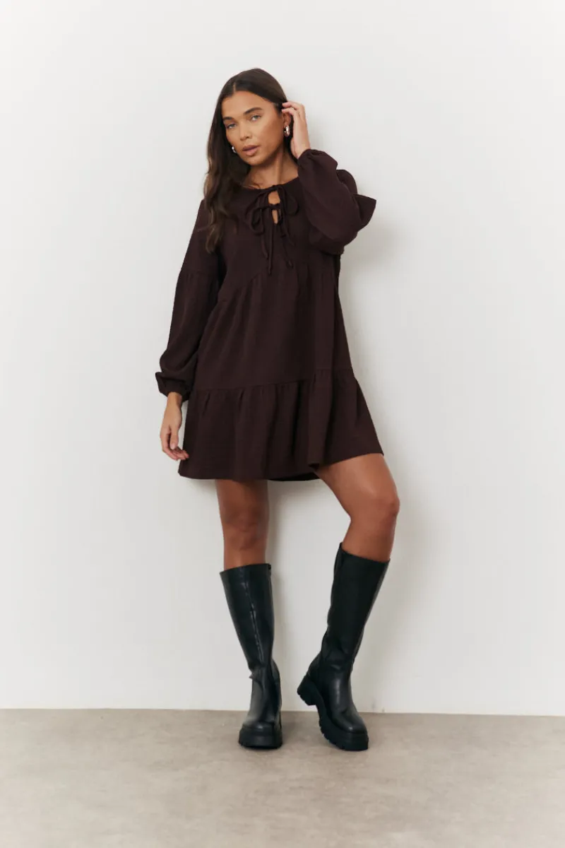 Textured Tie Front Detail Smock Dress|In the Style Sale