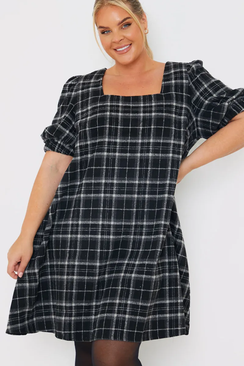 Brushed Check Balloon Sleeve Swing Dress|In the Style Clearance