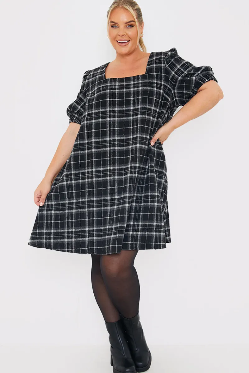 Brushed Check Balloon Sleeve Swing Dress|In the Style Clearance