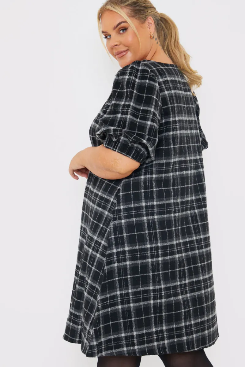 Brushed Check Balloon Sleeve Swing Dress|In the Style Clearance
