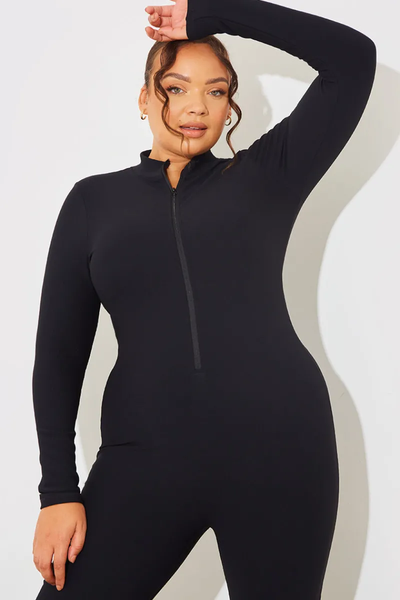 Built-In Bra Half Zip Long Sleeve Sculpt and Control Unitard|Fits
