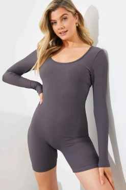 Built-In Bra Long Sleeve Sculpt and Control Short Unitard|Fits New