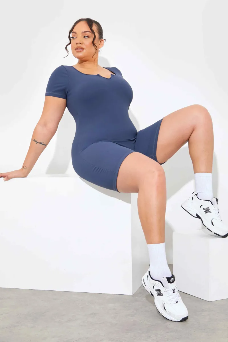 Built-In Bra Notched Neck Short Sleeve Sculpt and Control Short Unitard|In the Style Sale