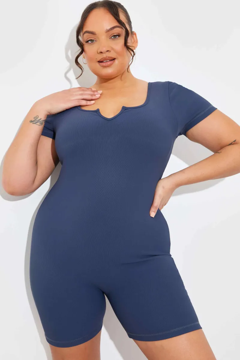 Built-In Bra Notched Neck Short Sleeve Sculpt and Control Short Unitard|In the Style Sale