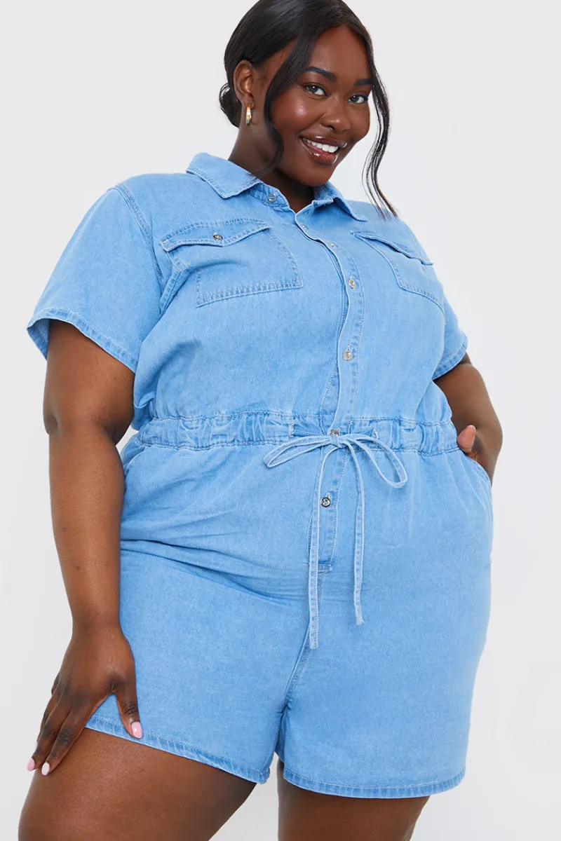 Chambray Button Through Drawstring Playsuit|In the Style Clearance