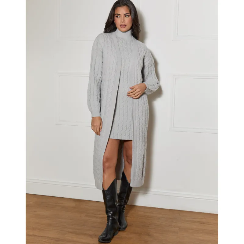 All-Over Knitted Cable High Neck Mini Dress in Grey|CHI CHI LONDON