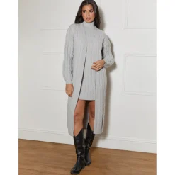 All-Over Knitted Cable Longline Cardigan in Grey|CHI CHI LONDON Discount