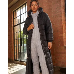 Check Padded Longline Belted Coat in Black|CHI CHI LONDON New