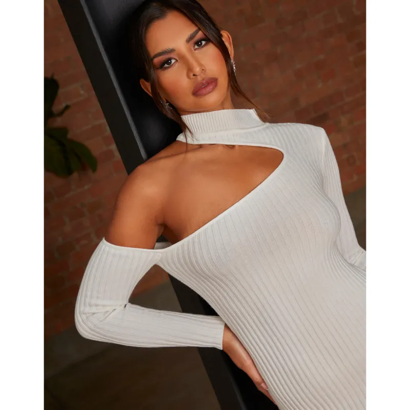 Cut-Out Long Sleeve Knitted Rib Dress in White|CHI CHI LONDON Discount