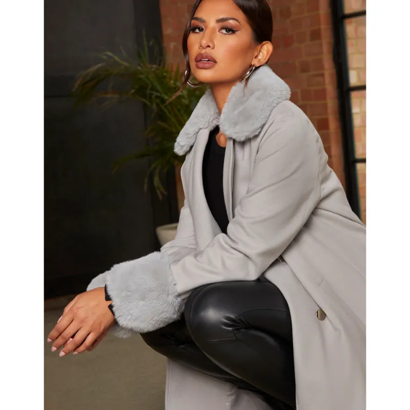 Double Breasted Faux Fur Trim Coat in Grey|CHI CHI LONDON Outlet