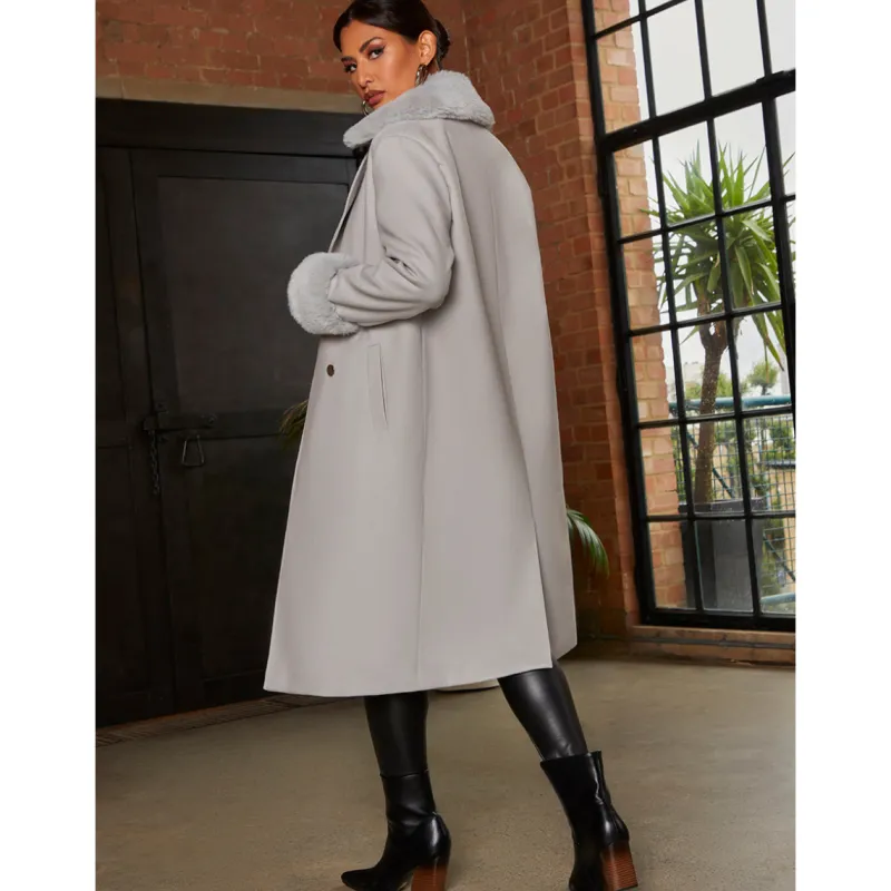 Double Breasted Faux Fur Trim Coat in Grey|CHI CHI LONDON Outlet