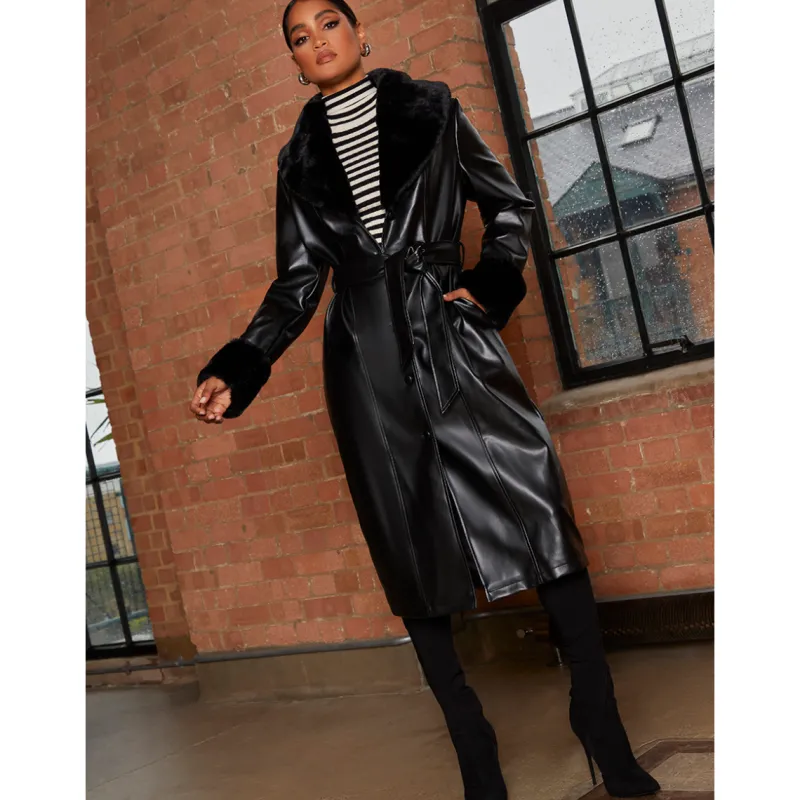 Faux Leather Longline Coat with Faux Fur Trim in Black|CHI CHI LONDON Best