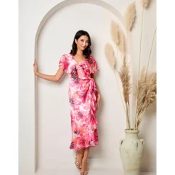 Flutter Sleeve Satin Wrap Dress in Pink|CHI CHI LONDON Discount