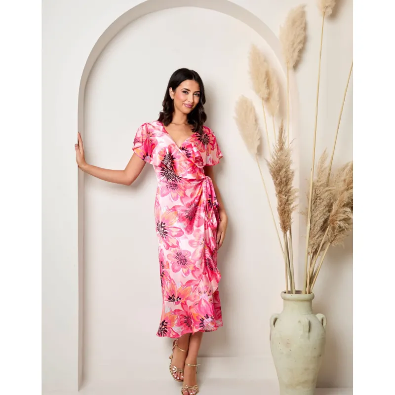 Flutter Sleeve Satin Wrap Dress in Pink|CHI CHI LONDON Discount