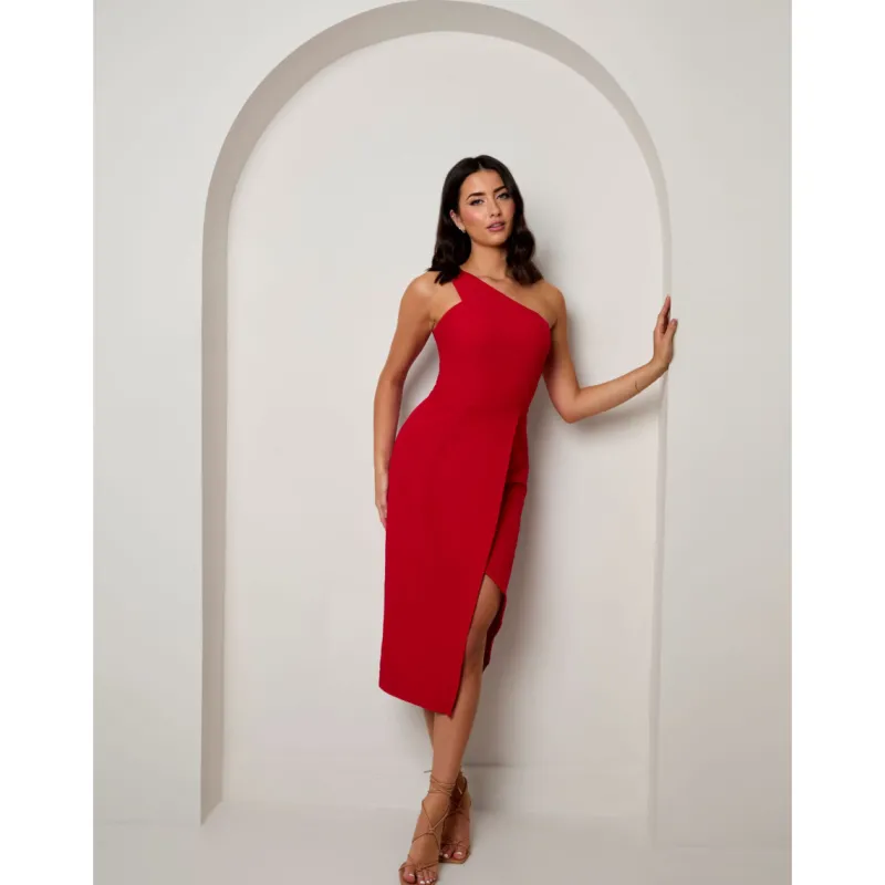 One Shoulder Split Detail Midi Dress in Red|CHI CHI LONDON Discount